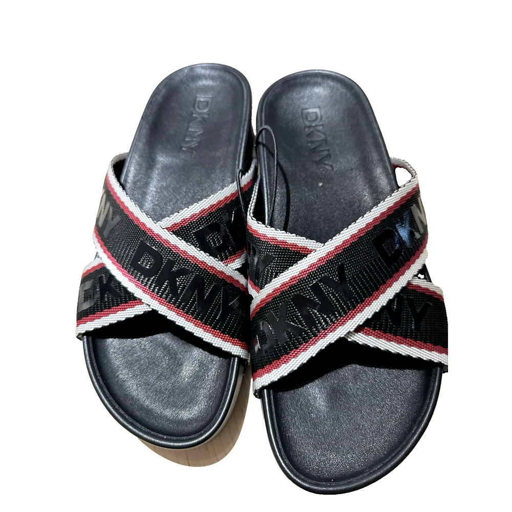 NEW DKNY 6.5 Black red/white stripe GLOSSY Logo Platform Sandal Textile Straps